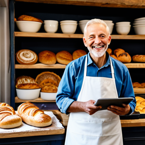 A wise, experienced male baker in his 60s, wearing a modest, clean traditional baker's apron over a professional shirt and trousers, stands proudly in his authentic, rustic bakery. He gently holds a tablet, which displays his optimized Google My Business profile showing positive customer reviews and a map pointing to his shop. He has a warm, natural smile. The background features shelves filled with freshly baked artisan bread and pastries, with a traditional stone oven subtly visible. Soft, inviting lighting illuminates the scene. Professional photography, high detail, perfect anatomy, correct proportions, natural pose, well-formed hands, proper finger count, natural body proportions, fully clothed, modest clothing, appropriate attire, professional dress, safe for work, appropriate content, professional, family-friendly.