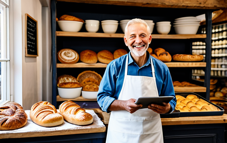 A wise, experienced male baker in his 60s, wearing a modest, clean traditional baker's apron over a professional shirt and trousers, stands proudly in his authentic, rustic bakery. He gently holds a tablet, which displays his optimized Google My Business profile showing positive customer reviews and a map pointing to his shop. He has a warm, natural smile. The background features shelves filled with freshly baked artisan bread and pastries, with a traditional stone oven subtly visible. Soft, inviting lighting illuminates the scene. Professional photography, high detail, perfect anatomy, correct proportions, natural pose, well-formed hands, proper finger count, natural body proportions, fully clothed, modest clothing, appropriate attire, professional dress, safe for work, appropriate content, professional, family-friendly.