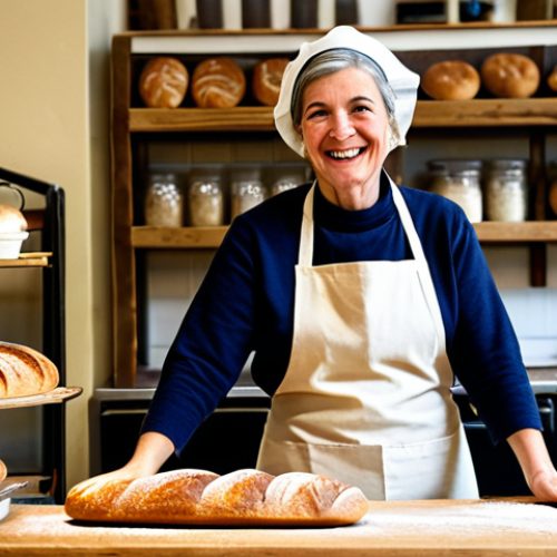 A friendly, middle-aged woman, the owner of a traditional local bakery, stands behind a wooden counter in her charming, warmly lit shop. She is fully clothed in a modest apron and comfortable attire. Her hands, well-formed and with proper finger count, gently present a freshly baked artisan bread loaf to a smiling customer. The bakery interior features rustic shelves filled with pastries, vintage decor, and soft, inviting light. Sunlight streams through a large window, highlighting dust motes in the air. The scene emphasizes community connection, local craftsmanship, and genuine interaction. perfect anatomy, correct proportions, natural pose, professional photography, high quality, safe for work, appropriate content, fully clothed, modest clothing, family-friendly.
