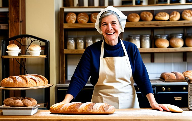 A friendly, middle-aged woman, the owner of a traditional local bakery, stands behind a wooden counter in her charming, warmly lit shop. She is fully clothed in a modest apron and comfortable attire. Her hands, well-formed and with proper finger count, gently present a freshly baked artisan bread loaf to a smiling customer. The bakery interior features rustic shelves filled with pastries, vintage decor, and soft, inviting light. Sunlight streams through a large window, highlighting dust motes in the air. The scene emphasizes community connection, local craftsmanship, and genuine interaction. perfect anatomy, correct proportions, natural pose, professional photography, high quality, safe for work, appropriate content, fully clothed, modest clothing, family-friendly.
