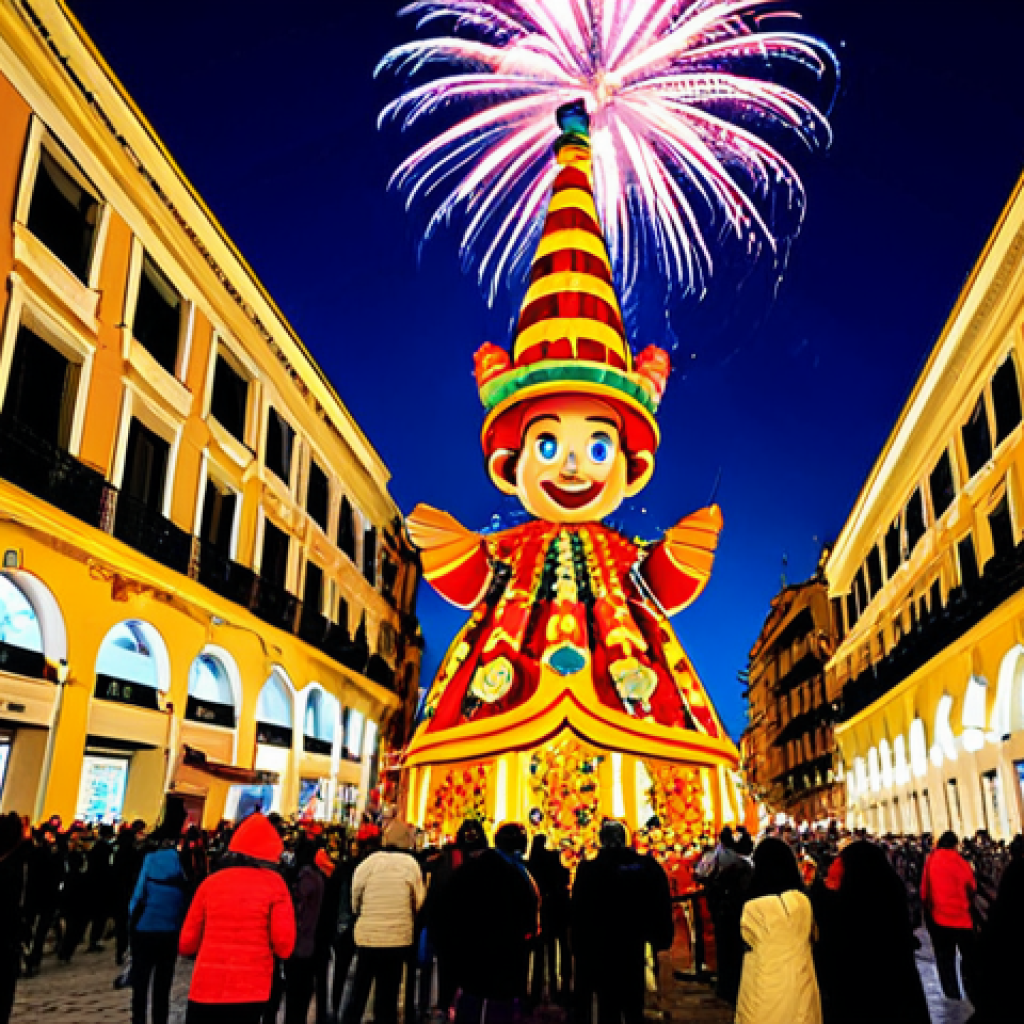 Las Fallas Festival**
"A vibrant street scene during Las Fallas in Valencia, Spain. Focus on a towering, colorful 'falla' sculpture depicting a humorous scene of daily life. The street is bustling with fully clothed people enjoying the festivities, some wearing traditional Valencian clothing. Fireworks are bursting in the background, creating a festive atmosphere. Safe for work, appropriate content, family-friendly, professional photography, perfect anatomy, natural proportions, high quality, fully clothed."
**