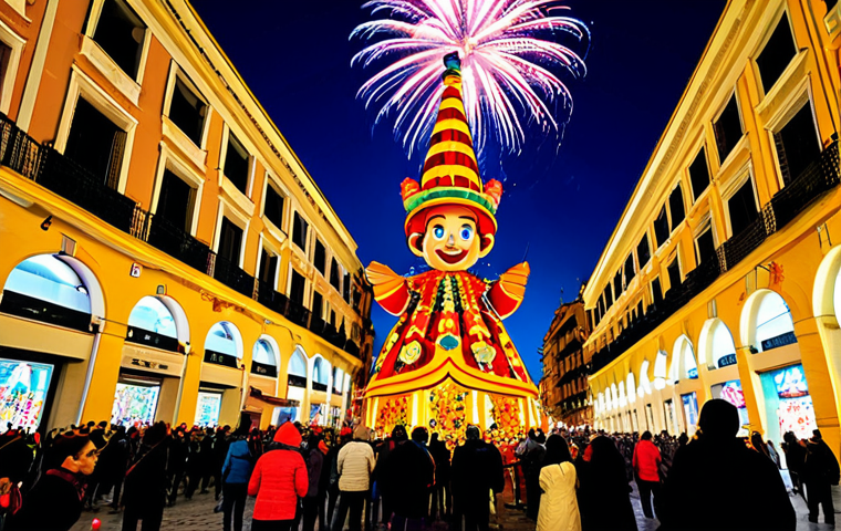 Las Fallas Festival**
"A vibrant street scene during Las Fallas in Valencia, Spain. Focus on a towering, colorful 'falla' sculpture depicting a humorous scene of daily life. The street is bustling with fully clothed people enjoying the festivities, some wearing traditional Valencian clothing. Fireworks are bursting in the background, creating a festive atmosphere. Safe for work, appropriate content, family-friendly, professional photography, perfect anatomy, natural proportions, high quality, fully clothed."
**