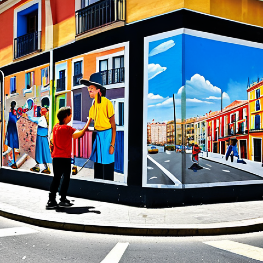 Vibrant Street Art Revitalization**
"A colorful mural depicting scenes of community life in a lively Madrid neighborhood, fully clothed people interacting, children playing, street performers, safe for work, appropriate content, perfect anatomy, natural proportions, professional photography, vibrant colors, daytime, sunny, modest clothing."
**