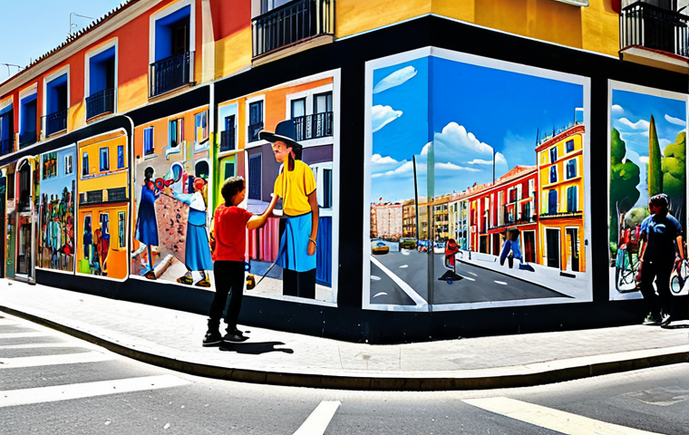 Vibrant Street Art Revitalization**
"A colorful mural depicting scenes of community life in a lively Madrid neighborhood, fully clothed people interacting, children playing, street performers, safe for work, appropriate content, perfect anatomy, natural proportions, professional photography, vibrant colors, daytime, sunny, modest clothing."
**