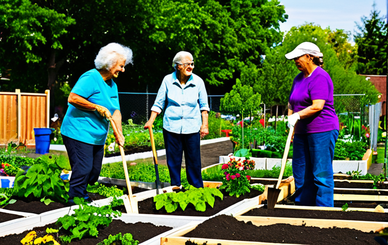 주민 참여를 통한 지역 정체성 회복 - Community Garden**
"A vibrant community garden in a sunny urban neighborhood, with diverse neighbor...