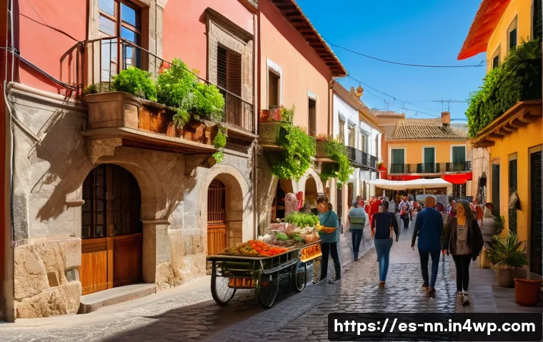 지역 정체성의 심리적 안정 효과 - A vibrant Spanish neighborhood street scene during a sunny afternoon, featuring local residents warm...