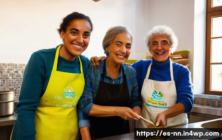 정체성 강화를 위한 지역 사회 봉사활동 - A diverse group of volunteers working together in a community soup kitchen in a vibrant urban neighb...