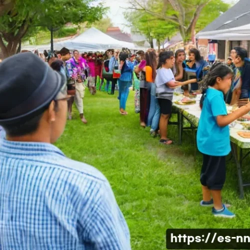 Home 33 정체성 강화를 위한 시민 참여의 중요성 - A vibrant community event in a lively Spanish-speaking neighborhood, featuring diverse groups of peo...