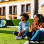 Home 20 정체성을 이해하는 젊은 세대의 역할 - A diverse group of young people sitting together outdoors in a vibrant urban park in Spain, engaging...