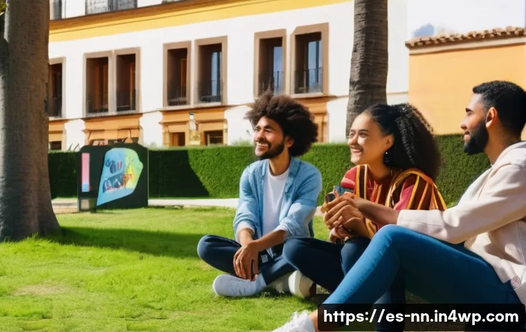 정체성을 이해하는 젊은 세대의 역할 - A diverse group of young people sitting together outdoors in a vibrant urban park in Spain, engaging...