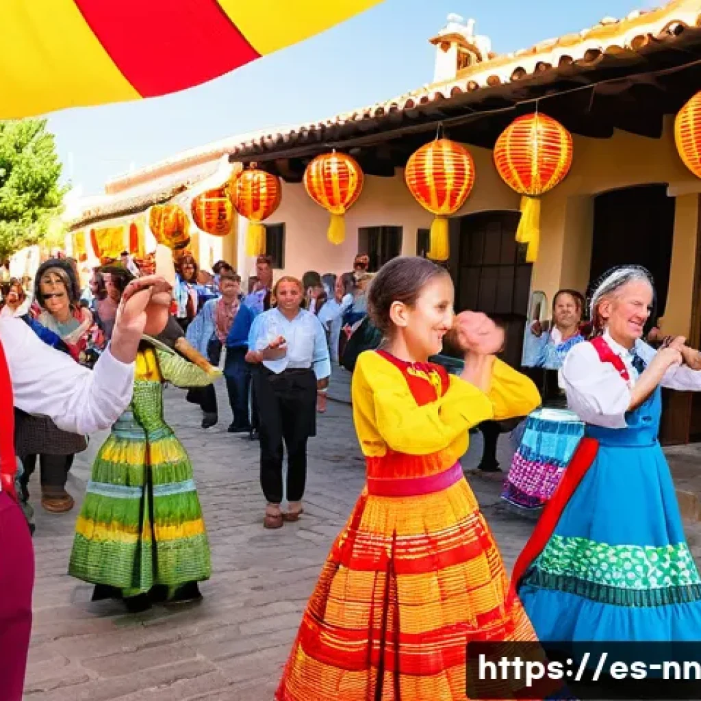 정체성 강화를 위한 지역 커뮤니티 활동 분석 - A vibrant traditional Spanish festival scene set in a sunlit village square, filled with diverse com...