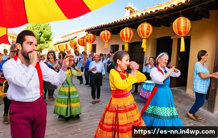 정체성 강화를 위한 지역 커뮤니티 활동 분석 - A vibrant traditional Spanish festival scene set in a sunlit village square, filled with diverse com...