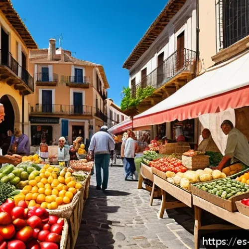 Home 17 지역 정체성을 위한 로컬 푸드의 중요성 - A vibrant local farmers' market scene in a sunny Spanish town square, filled with diverse stalls dis...