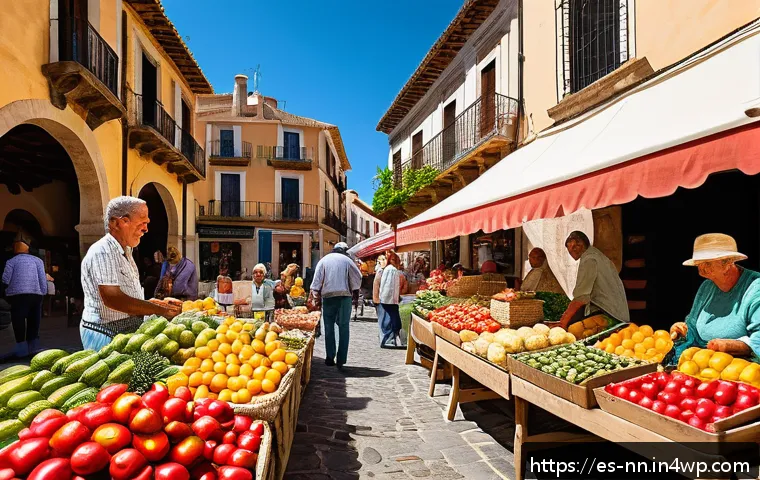 지역 정체성을 위한 로컬 푸드의 중요성 - A vibrant local farmers' market scene in a sunny Spanish town square, filled with diverse stalls dis...